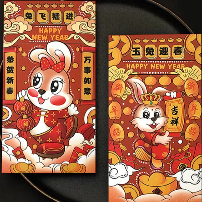 Mightlink 6pcs Red Envelope Year of The Rabbit Cartoon Pattern Best Wish 2023 New Year Bunny Print Red Envelopes for Festival