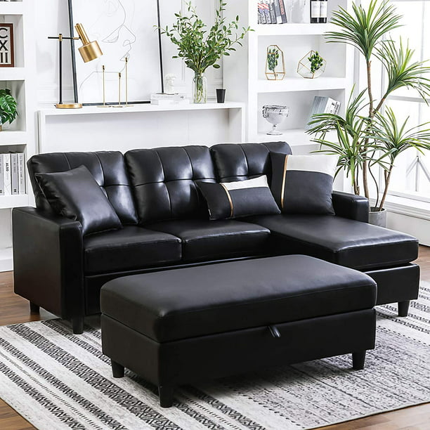 Honbay Convertible Sectional Sofa With, Brown Leather Sectional Couch With Ottoman