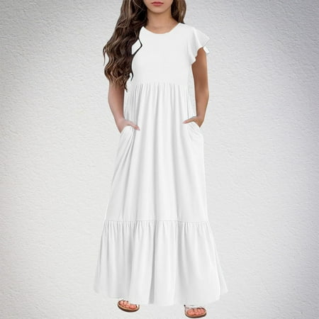 

BLTIBY Girls Toddler Dresses Summer Short Ruffled Sleeve Round Neck Solid Color Pricess Dress with Pockets Casual Birthday Party Beach Kids A-Line Sundress 6 Months-12 Years White 12-13 Years