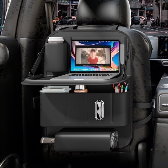 GMQ Backseat Car Organizer with Tray 1 pack,Car Backseat with Foldable Table for Kids,Multifunctional Seat Back Organizer with Storage Pockets(Black)