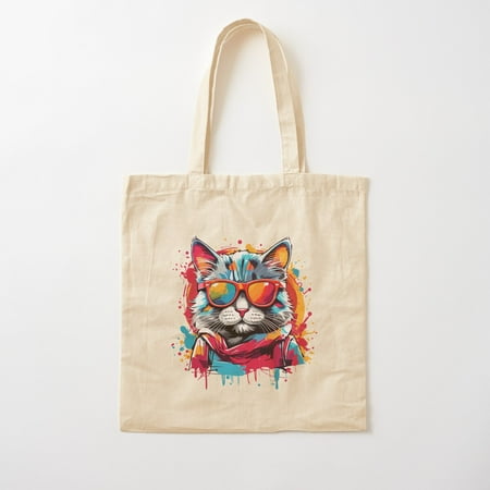 Funny Design Color Cat Wearing Sunglasses Meow Retro Meme T-Shirt Cotton Tote Bag Canvas Tote Bag  Family Gift For Mother  Her