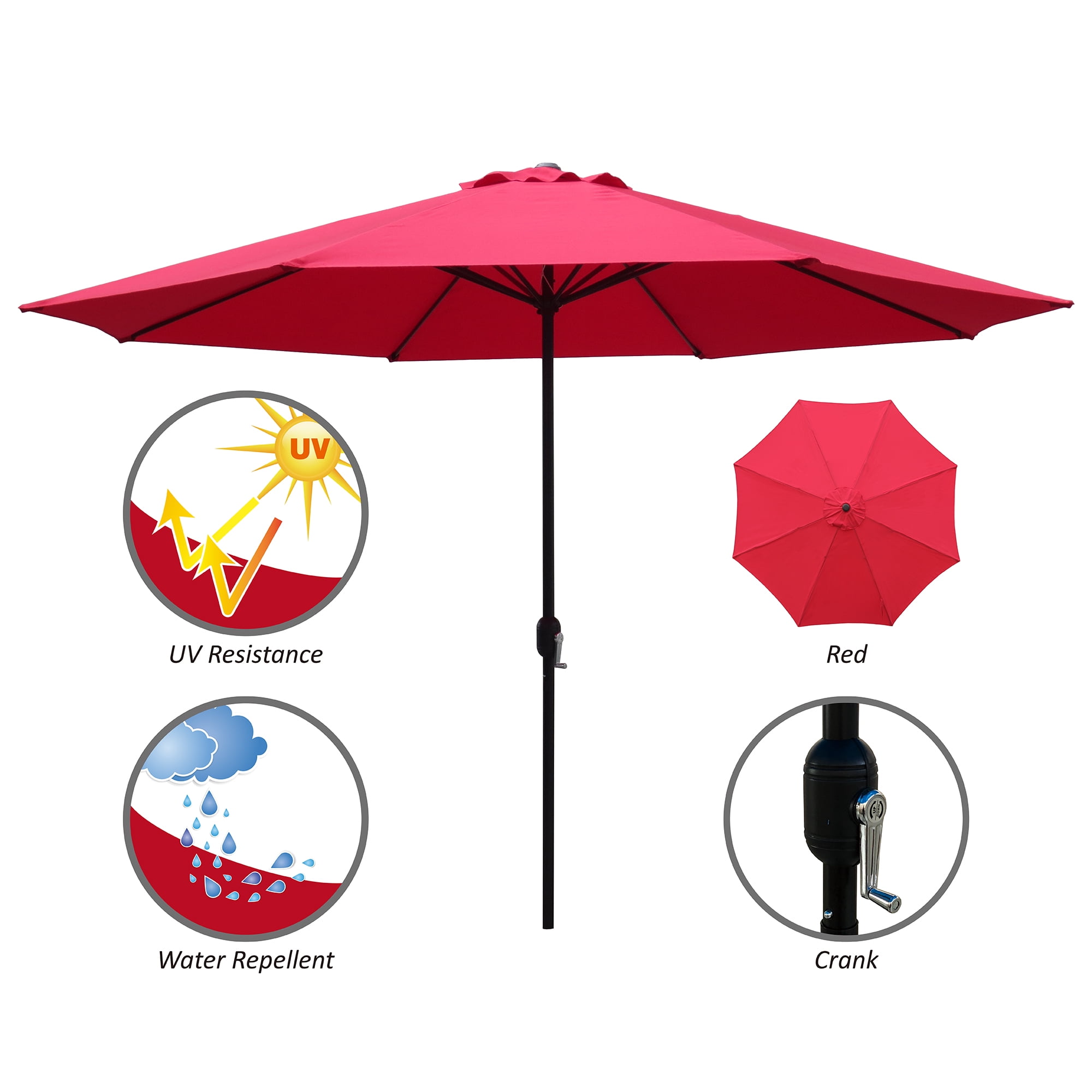 Abble 11FT Outdoor Patio Umbrella with Crank Handle, Market Umbrella with 8 Sturdy Umbrella Ribs, Waterproof for Garden Deck Backyard Pool, Red