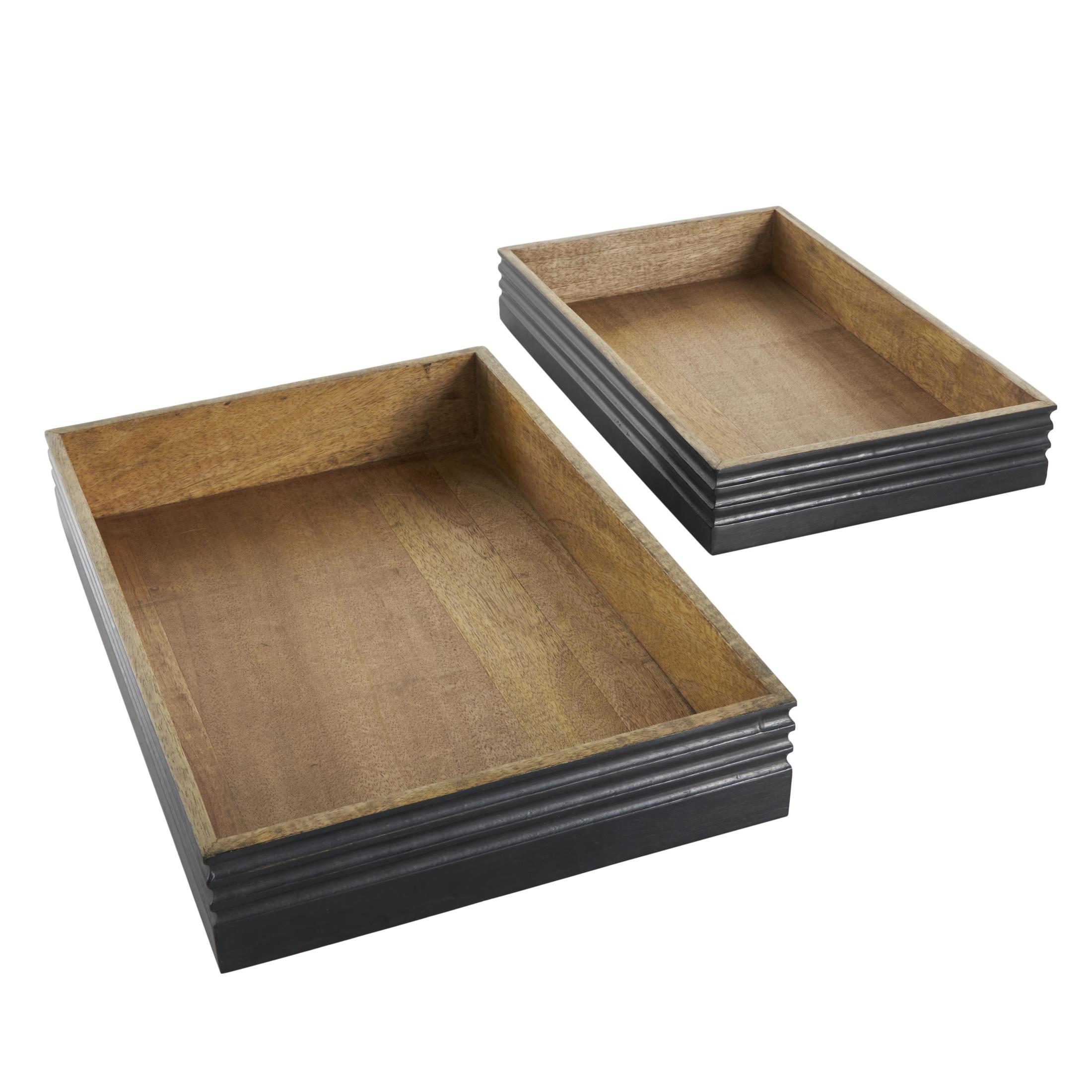 DecMode 18", 16"W Brown Mango Wood Handmade Tray with Black Groove Exterior, 2-Pieces