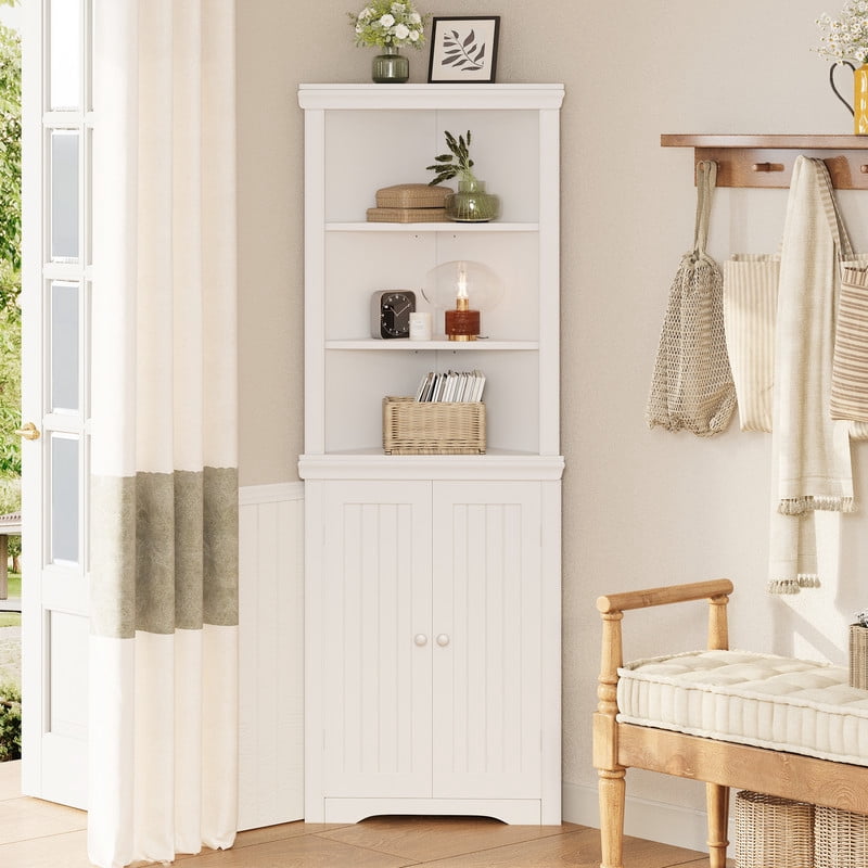 Lacoo 62'' Tall Corner Cabinet with 3 Shelves and 2 Doors, Corner Storage Cabinet Shelving Storage with Adjustable Shelves for Kitchen Living Room Bathroom, White