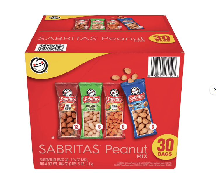 Sabritas Peanut Snack Variety Pack, Salt & Lime, Spicy, Japanese Style & Hot Flavors, 30 Individual Bags, Crunchy Peanuts for Lunchboxes, Travel & On-the-Go Snacking