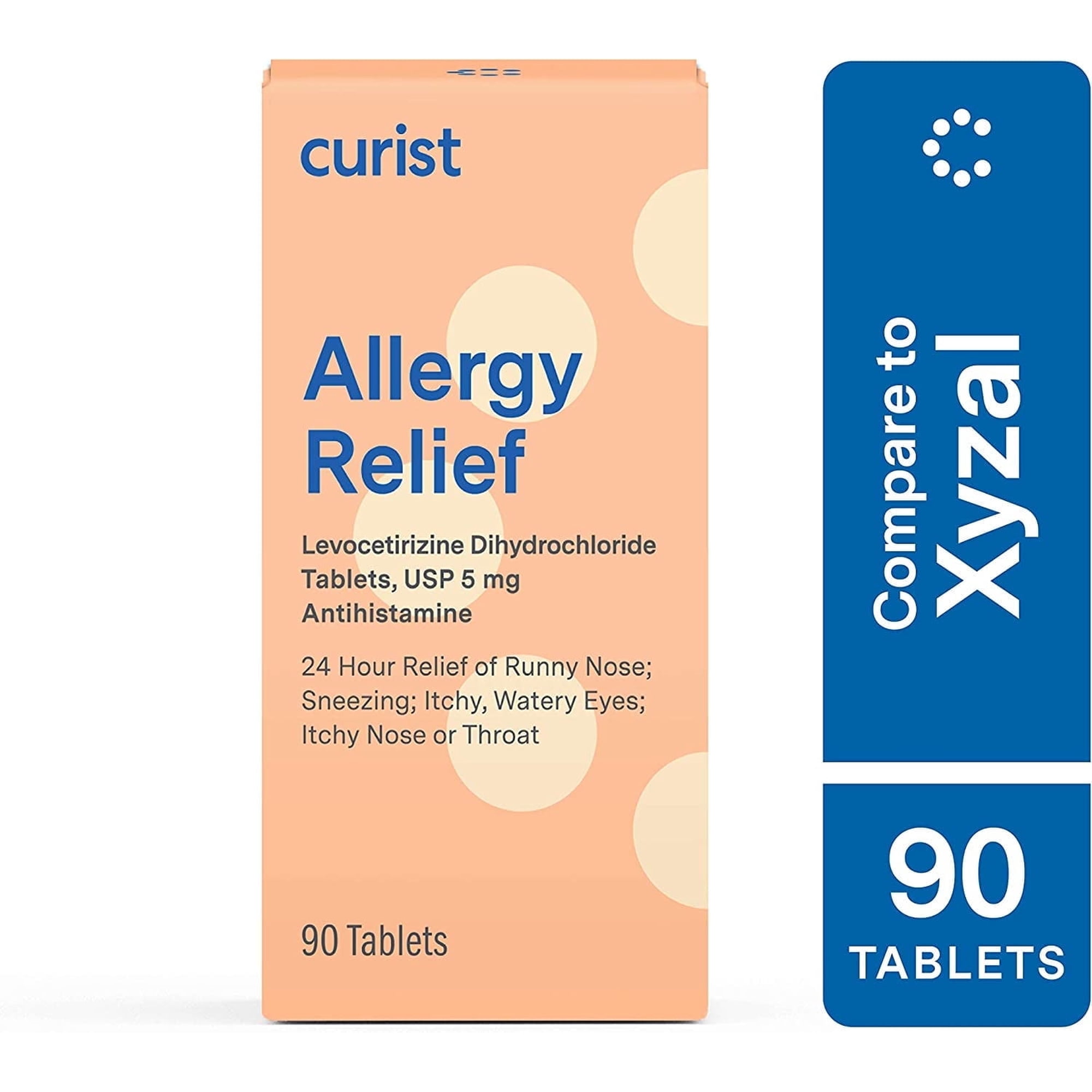 Curist Allergy Relief Levocetirizine 5 mg 90 Ct Tablets | 24 Hour Less-Drowsy Antihistamine for Adults & Kids Ages 6+ | Compare to Xyzal Allergy 24HR