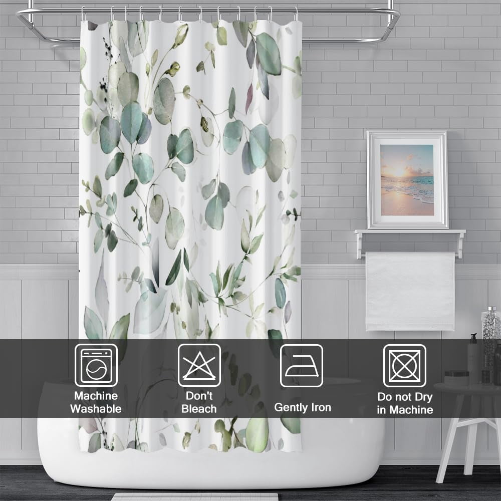 Sage Green Eucalyptus Shower Curtain, Watercolor Spring Leaves Shower Curtain for Bathroom Waterproof Botanical Shower Curtain Set with Hooks, 72x84 Inch
