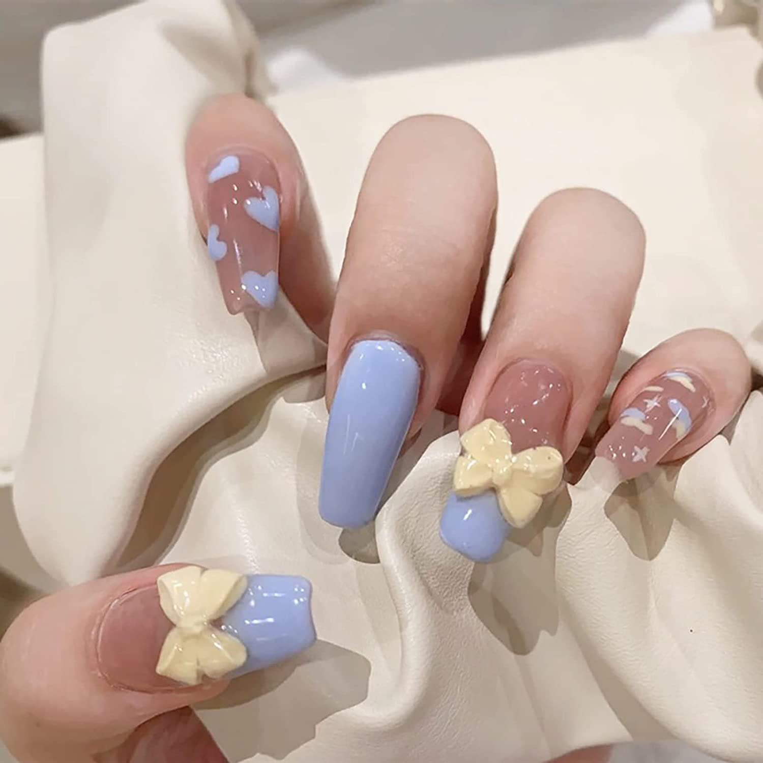 French Tip Press on Nails Long with Designs, 3D Bow Knot Fake Nails Coffin  with Glue, Glossy Acrylic Glue on Nails for Women/Daily/Party,  24PCS/Set(Baby Blue) 