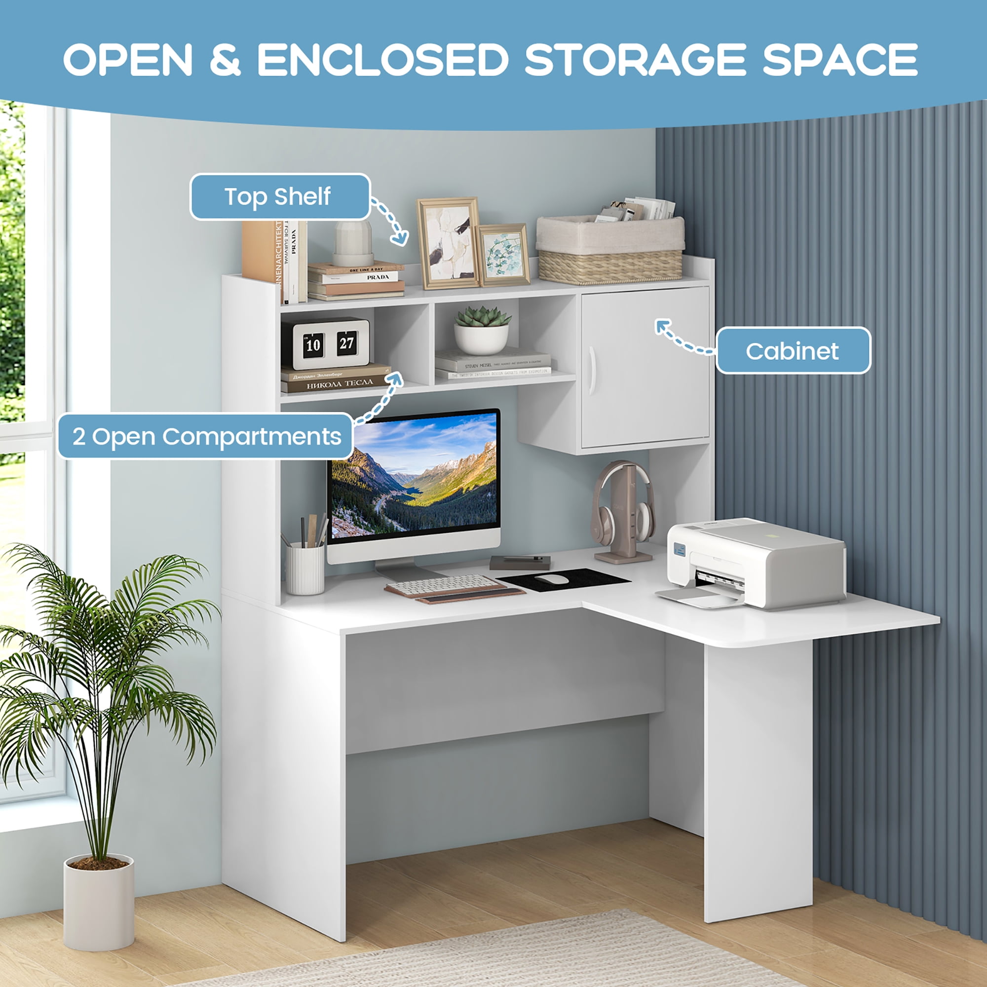 Gymax L-Shaped Desk w/ Open Storage Hutch Corner Computer Desk w/ Shelves & Cabinet