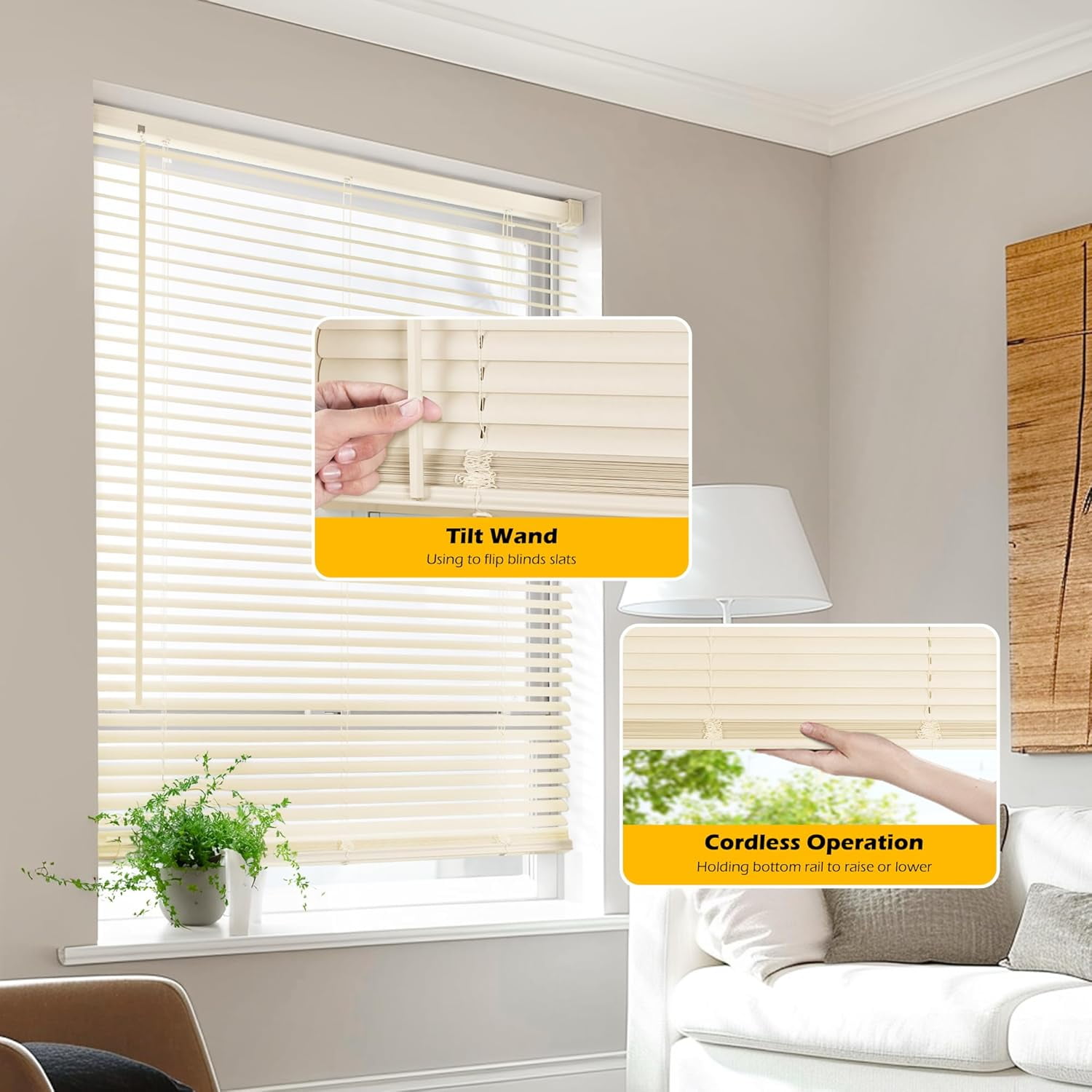 LazBlinds Cordless 1" Vinyl Horizontal Mini Blinds, Light Filtering Blinds for Windows, Blinds and Shades for Windows Size 35" W x 48" H, Beige