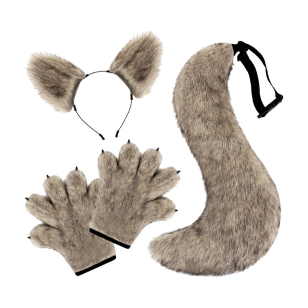 Conjunto de orejas y cola de lobo, accesorios de cosplay, tocado para niños y adultos, disfrazarse con orejas y cola. Café ligero