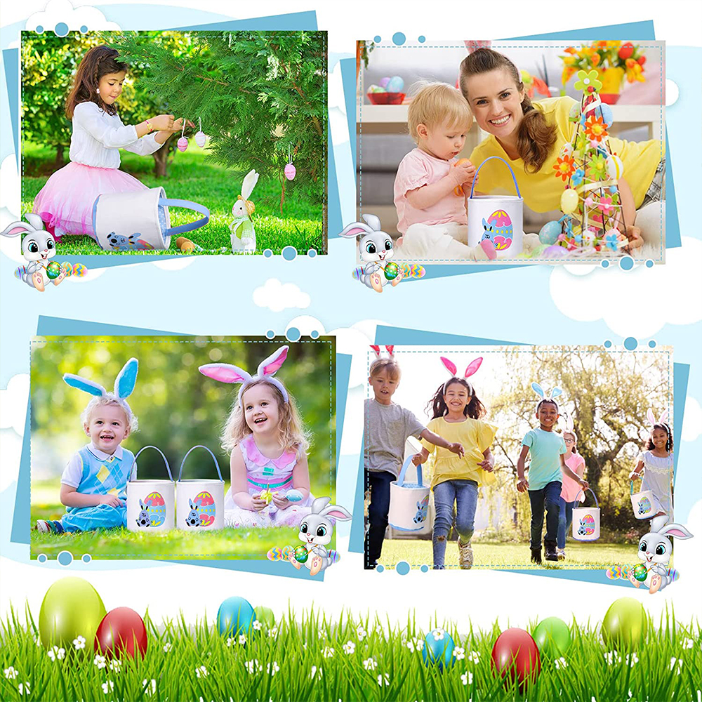 Movsou Easter Bunny Basket Bags for Kids Canvas Eggs Hunt Bag Rabbit Easter Basket for Kids Easter Hunting Blue - image 4 of 6