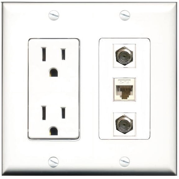RiteAV - 15 Amp Power Outlet 2 Port Coax 1 Port Cat6 Ethernet Ethernet White Decorative Wall Plate
