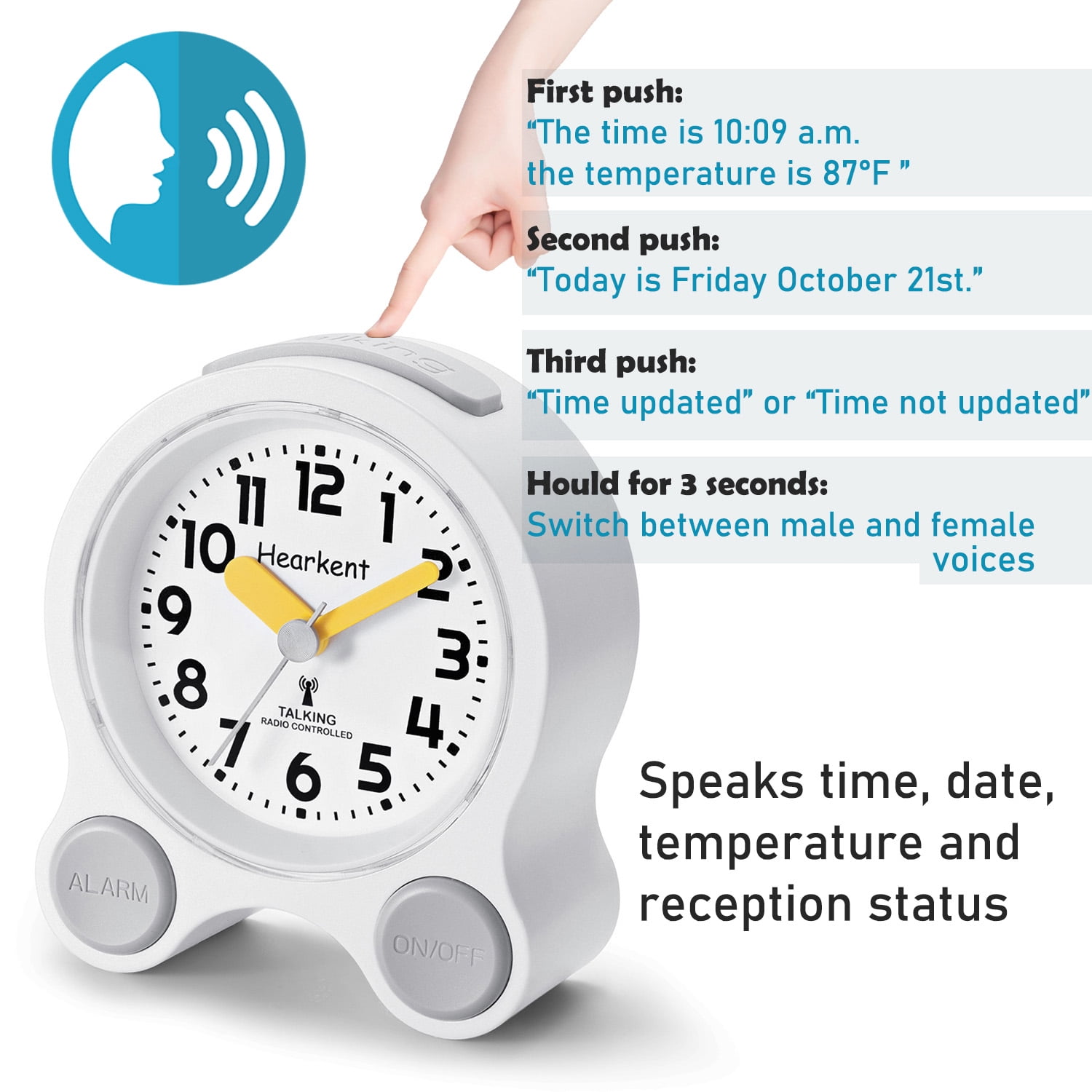 Hearkent Atomic Talking Clock 5 Sets of Separate Alarms English Speaking Pleasant Male or Female Voice Switchable