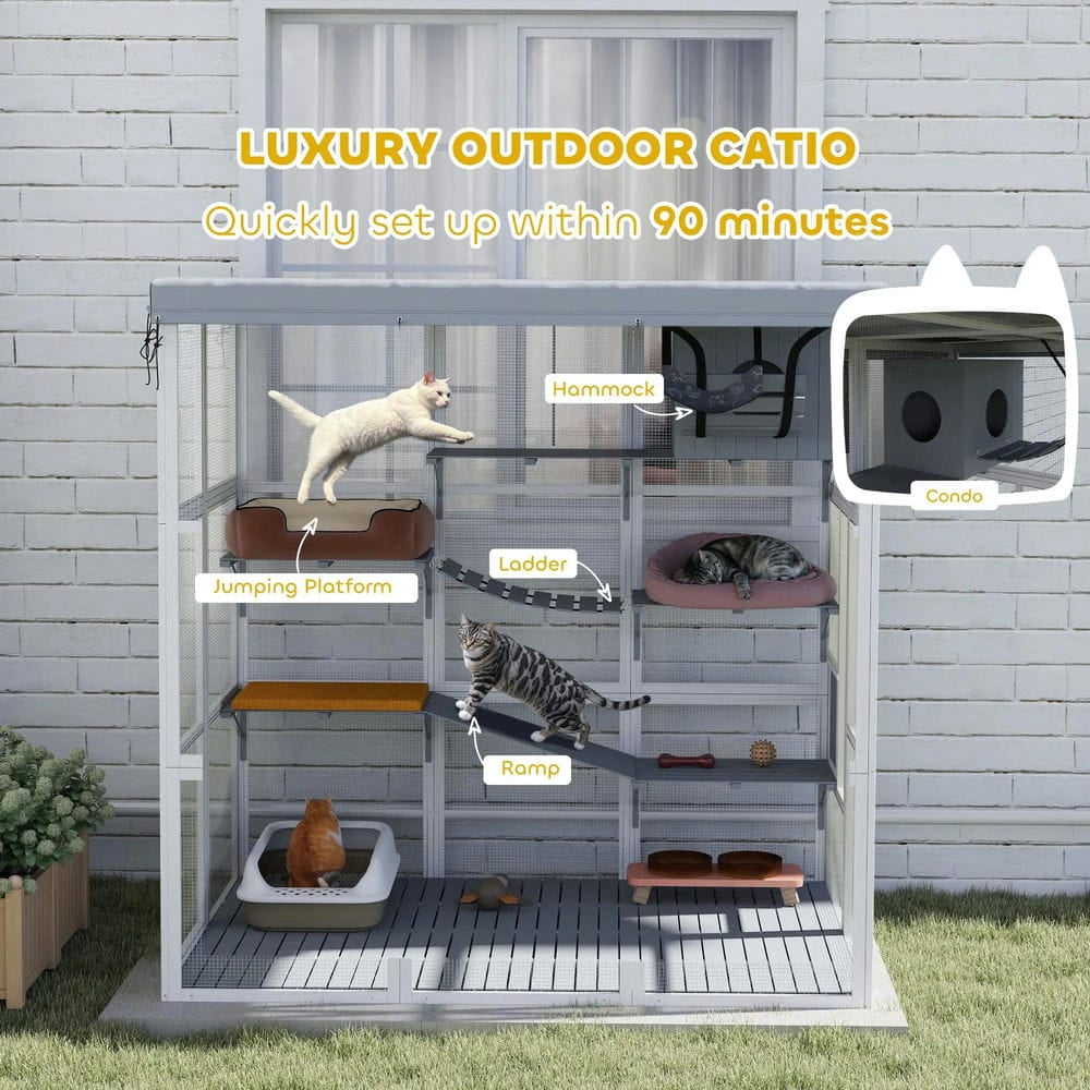 Topcobe Large Outdoor Catio Cat Enclosure with Hammock, Condo, Jump Platforms, Ladders, Ramps, Tarp, for 2-4 Large Cats, Outside Pet Shelter, Small Animal Habitat, Gray