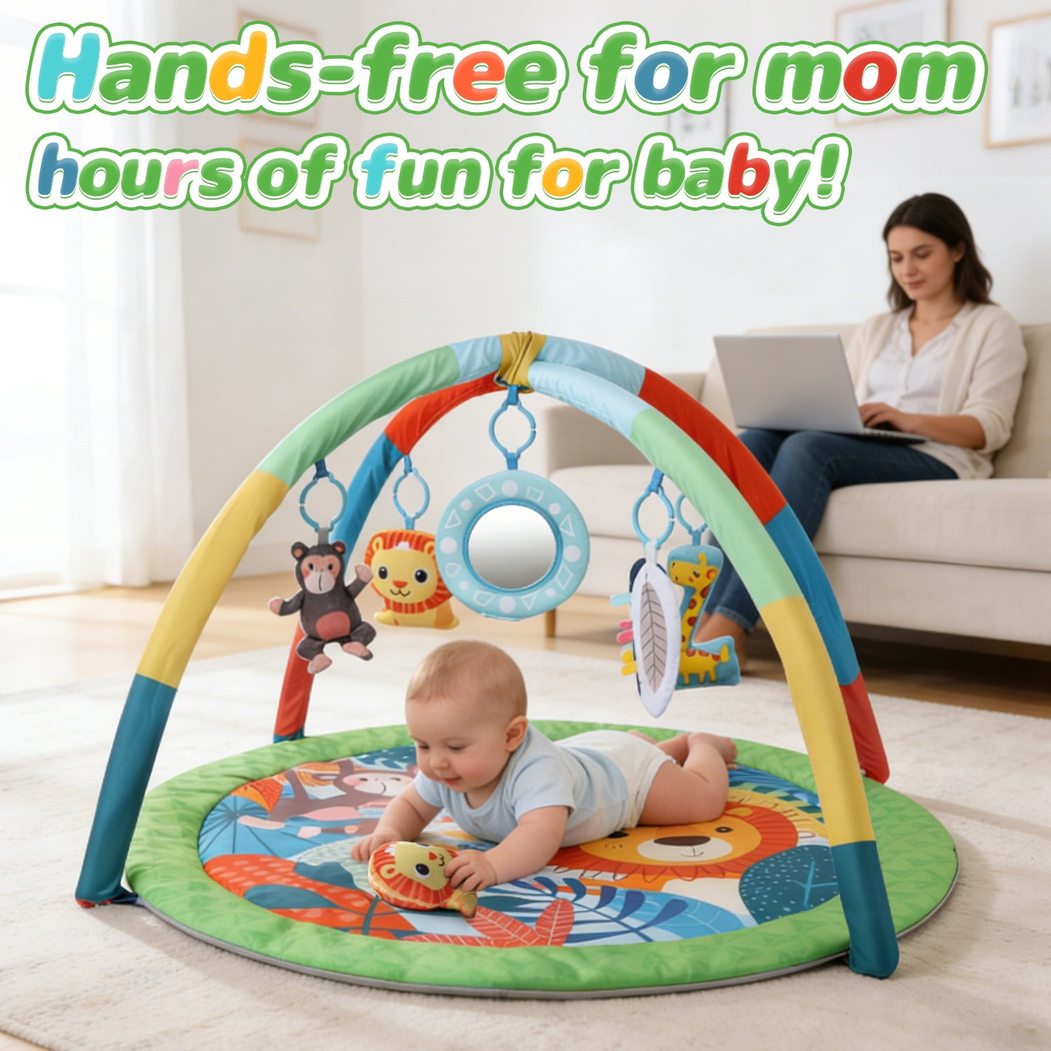 JoyStone Baby Gym Play Mat Activity Mat with 6 Detachable Toys, Round Tummy Time Play Mat for Newborns & Infants 0–12 Months
