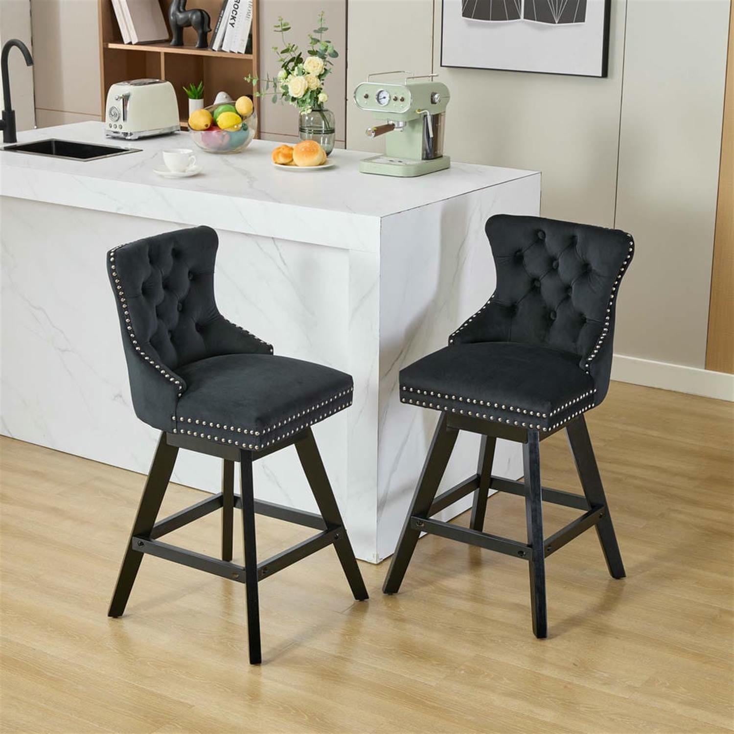 Demi Bonn 38" Counter Height Bar Stools Set of 2, Velvet Swivel Barstools with Button Tufted Back, Kitchen Island Countertop Chairs for Dining Room, Black