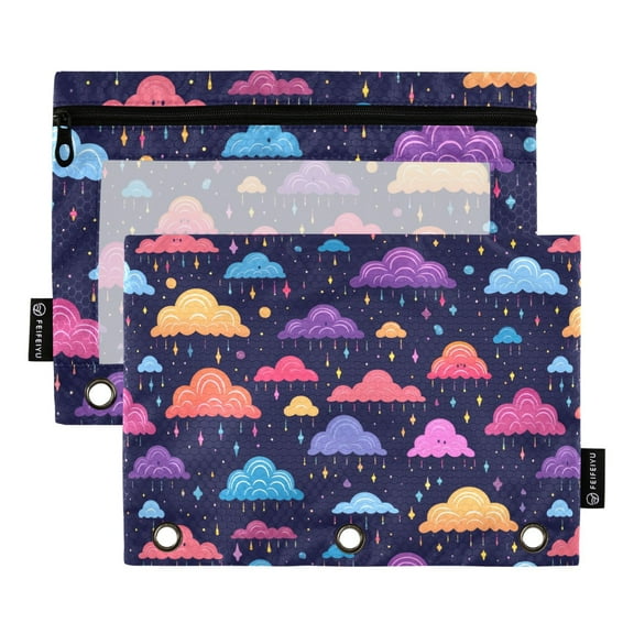 Colorful Cartoon Clouds 2 Pack Pencil Pouch for 3 Ring Binder Smooth Zipper Folders with Pockets Clear Window Pencil Case