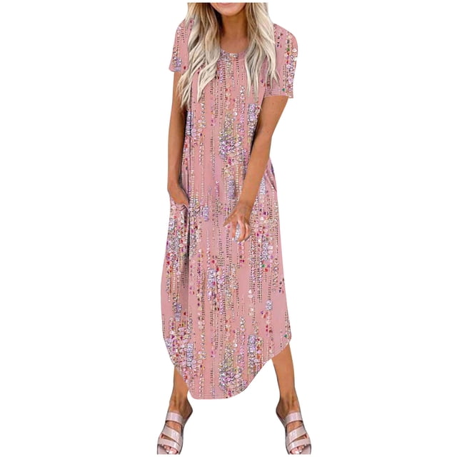 Vestidos de Verano de Mujer Casual Cuello Redondo Bolsillos de Manga Corta Impresión Vestido Largo, Vestido Ligero de Poliéster para Diario, Fiesta Y Primavera