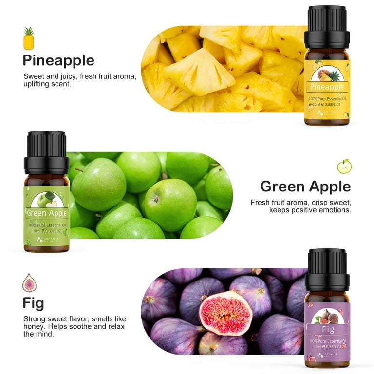 Asakuki Fruity Essential Oil Set of 6 Aromatherapy Oils for Diffusers, Passion Fruit, Strawberry, Guava, Pineapple, Green Apple, Fig Fruit Fragrance