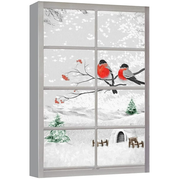 wall26 Canvas Print Wall Art Window View Snowy Winter Wonderland Finch Birds Wilderness Nature Illustrations Realism Scenic Landscape Colorful Multicolor for Living Room, Bedroom, Office - 12"x1
