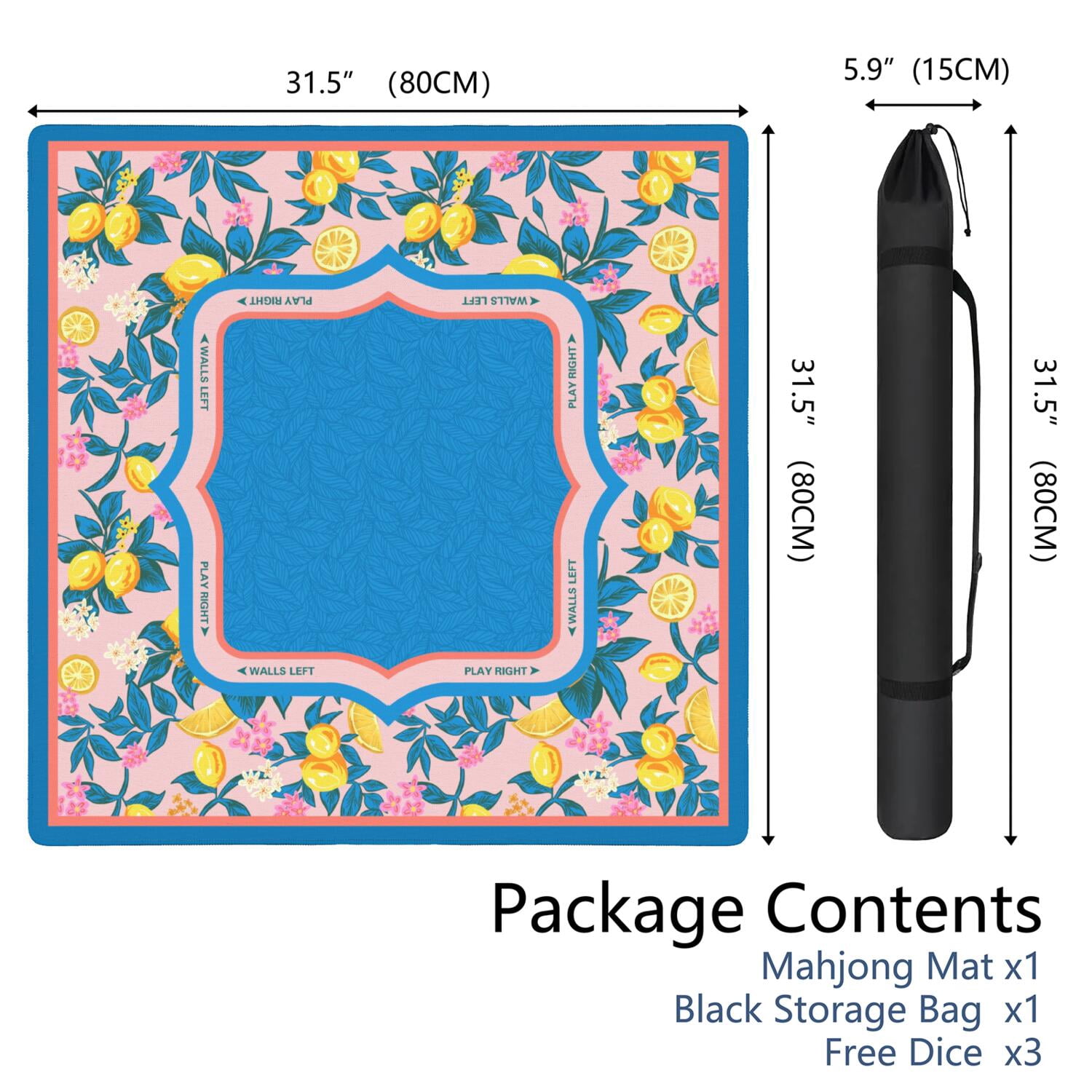 Blue Mahjong Mat for Table, 31.5*31.5in Anti Slip American Mahjong Table Cloth, Noise Reduction, Neoprene Mah jongg Mat with Carrying Bag & 3 Dices, Mahjong Set Gift, Board Tile Games Mats, Lemon03