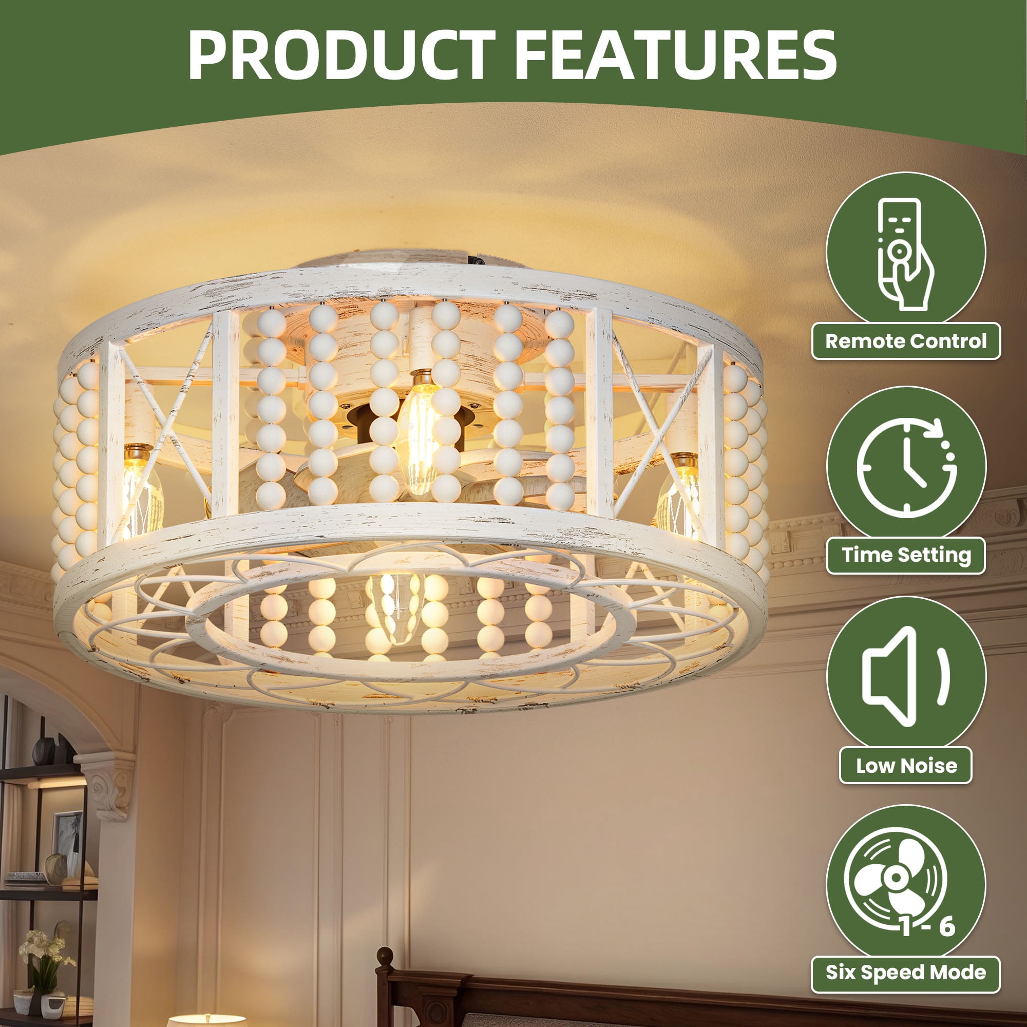 Uforic Hand-Crafted Vintage Ceiling Fan with Remote Control, 18.5" Diameter, No Bulb, Off-white