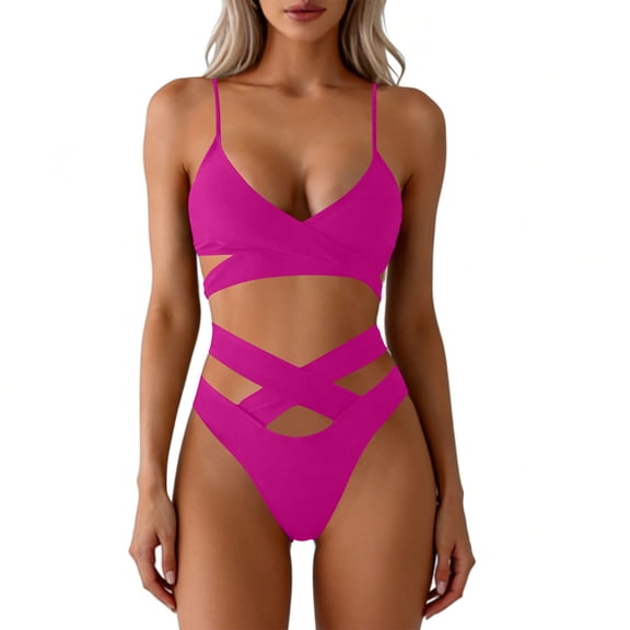 Qiopertar Women's Bikini Set 2026 Fashion Crochet Lace V Neck Bathing Suit High Waisted Ruched Swimwear Adjustable Straps Floral Print Beach Vacation Pool Party Swimsuit, Hot Pink S