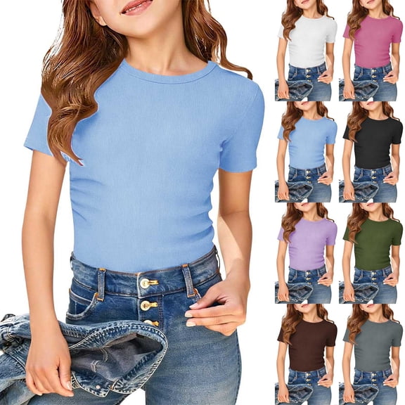 BOVXNPU Girls Short Sleeve T-Shirts Solid Short Sleeve Round Neck Top Girls Casual Wear Summer Tops