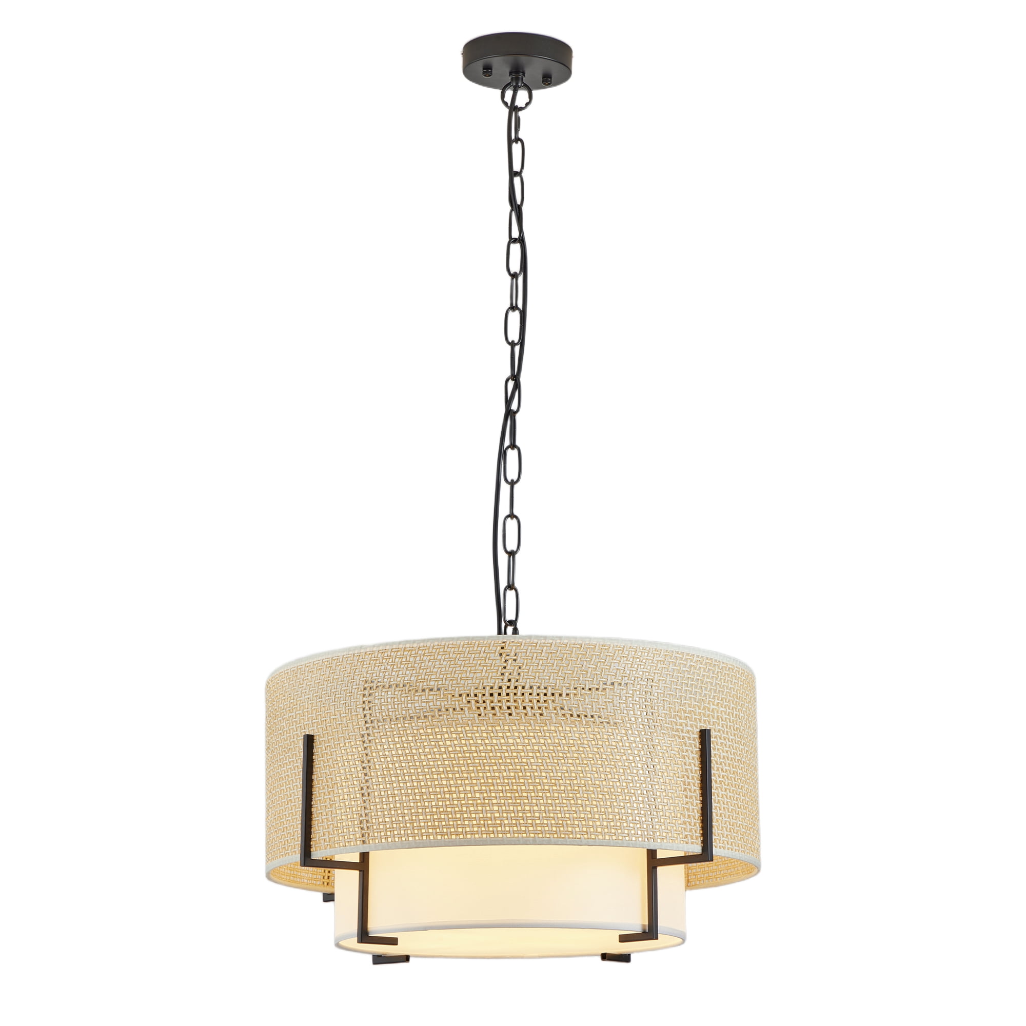 Leumius 4-Light Farmhouse Boho Chandelier, 19.7'' Hand Woven Rattan Pendant Light with Fabric Shade Rustic Drum Chandelier for Dining Room Kitchen Bedroom Foyer Entryway Living Room