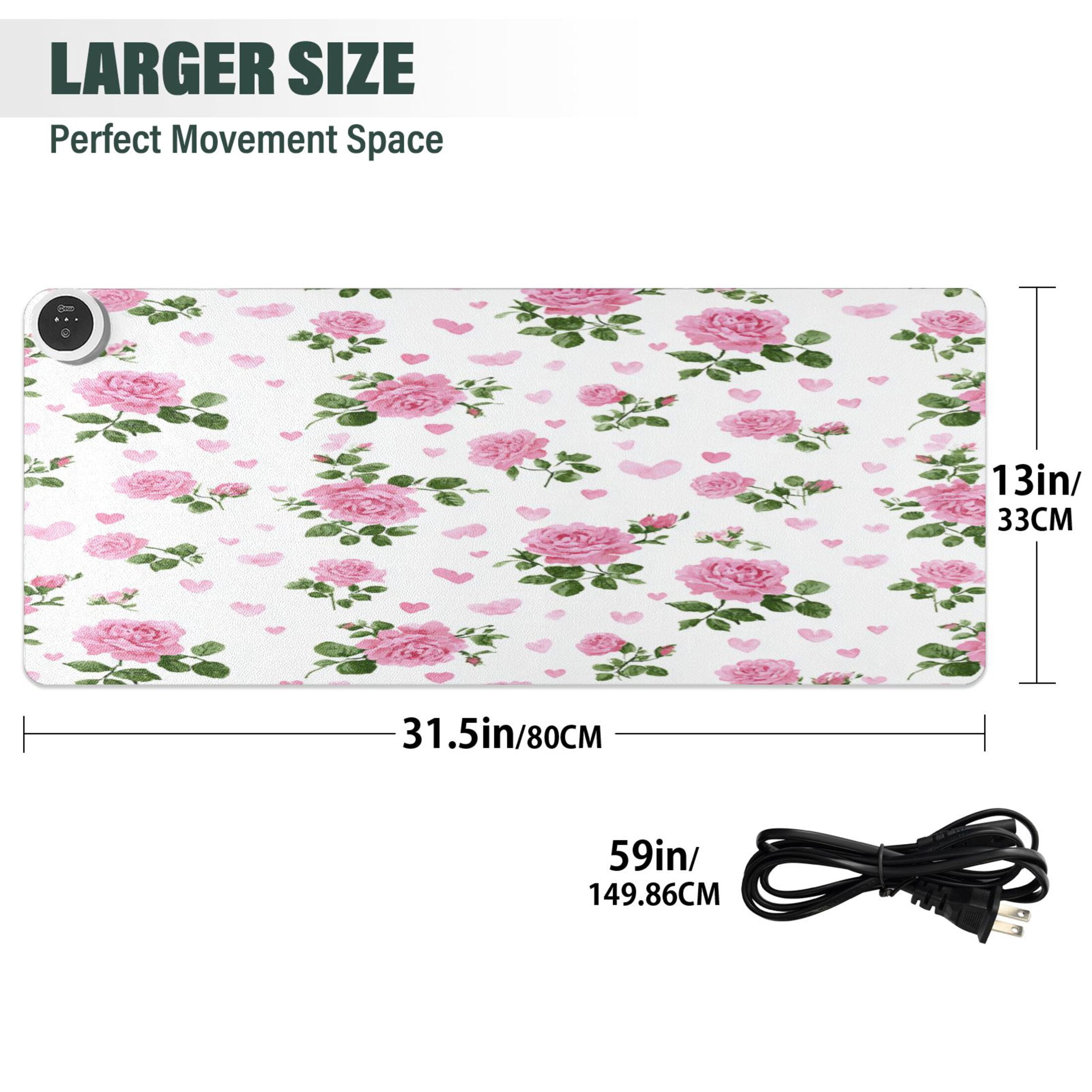 Large Heated Desk Mat Mouse Pad 31.5"x13"PU Leather Graphene Heating Desk Warmer with 3 Temperature Settings 110V US Plug Non-Slip Warm Pad for Home, Office, and Gaming Lovely Rose Heart Pattern