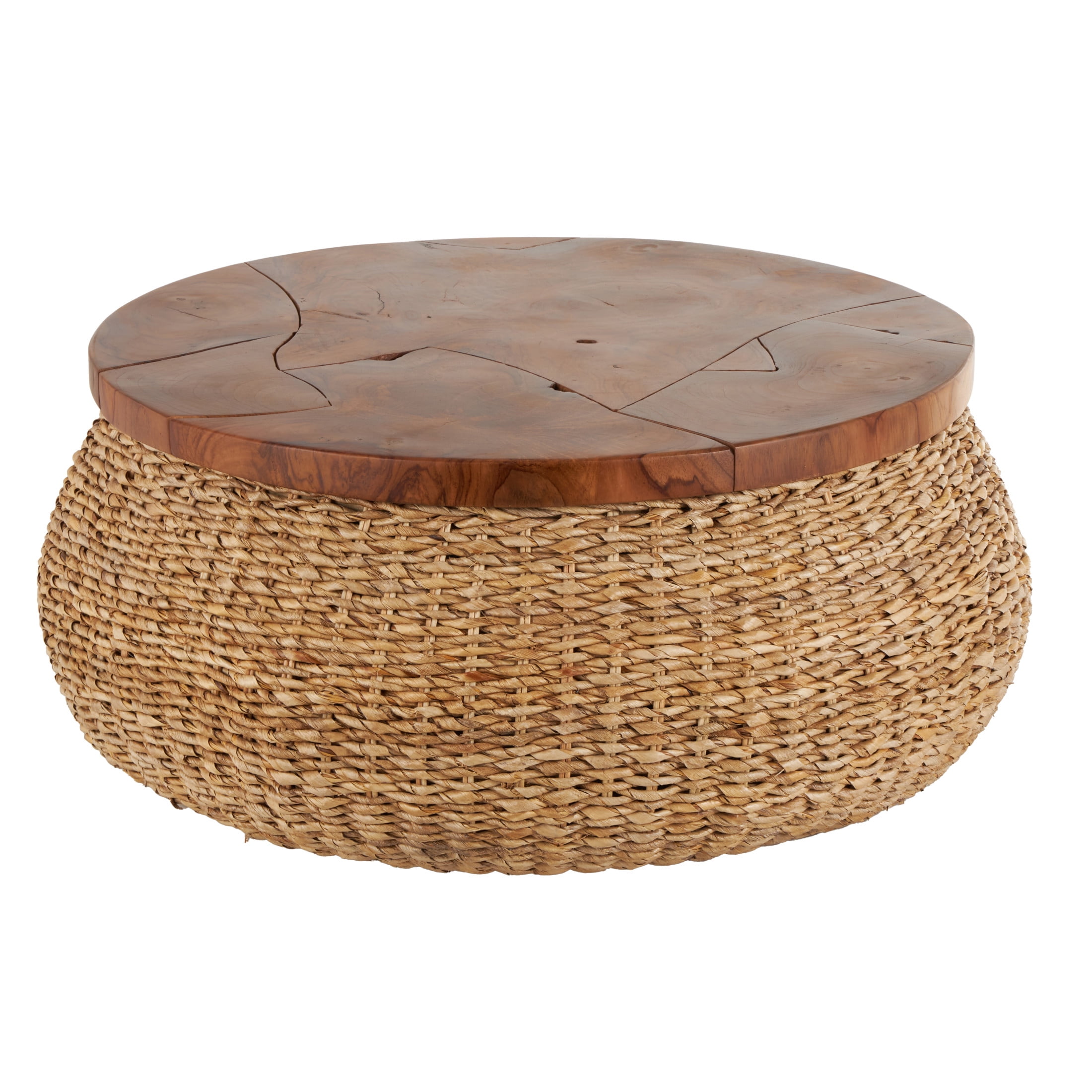 DecMode 35" x 15" Brown Rattan Wrapped Coffee Table with Teak Tabletop, 1-Piece