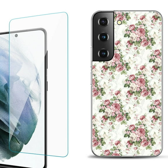 Slim-Fit Fashion Gel Phone Case for Samsung Galaxy S22  5G / S22 Plus 5G, with Tempered Glass Screen Protector, by OneToughShield ® - Floral/Rose
