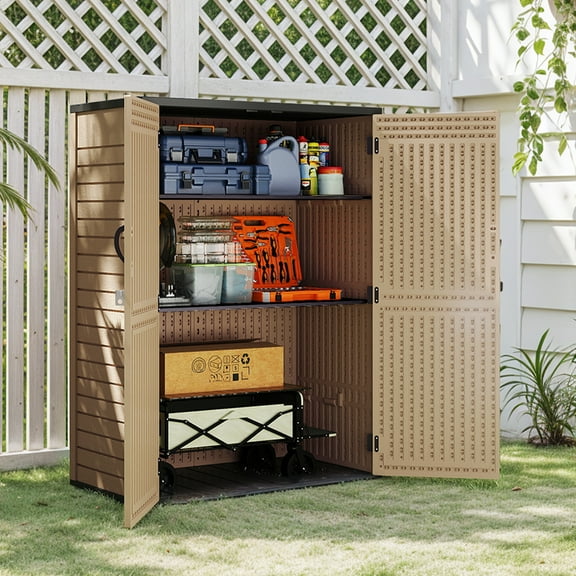 Uforic Outdoor Storage Shed, 59 Cu Ft Tool Shed Ideal for Garden, Garage & Patio, Lockable Door, Brown