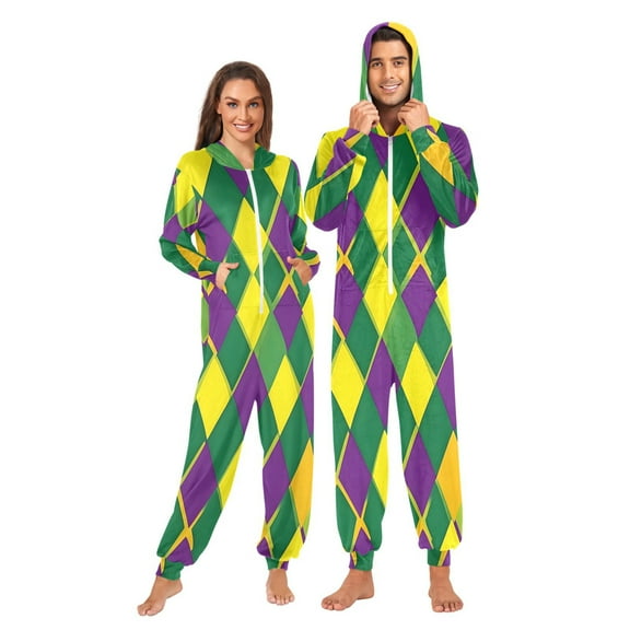 ALAZA Unisex Adults Onesie Pajamas Mardi Gras Checkered Sleepwear Jumpsuits One Piece M