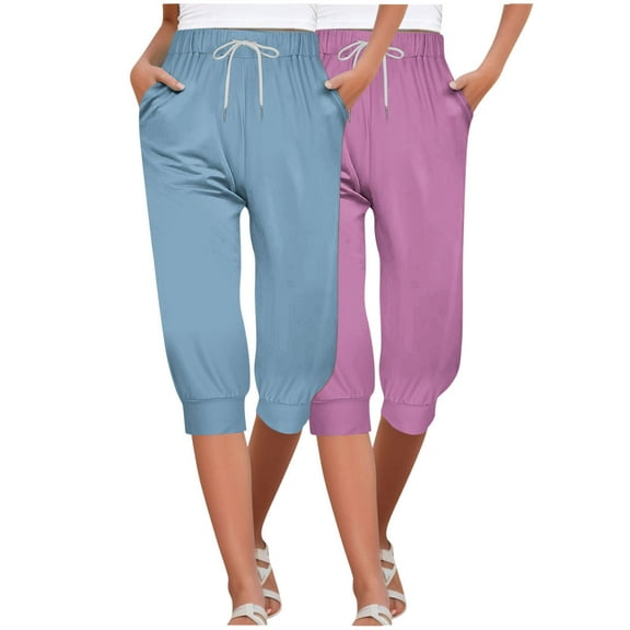 CQONEPT 2 Pack Capris Pants for Womens Casual Loose Fit Sweatpants with Pocket Drawstring Lightweight Summer Pants Multicolor 2XL