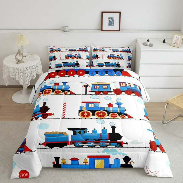 Erosebridal Engine Steam Train Bedding Sets Twin with Comforter, Cartoon Car Duvet Insert, Vehicle Room Decor, Reversible 2-Piece