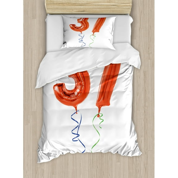 37th Birthday Duvet Cover Set, Older It Gets Flying Party Balloons Surprise Years New Age Birthday Picture, Decorative 2 Piece Bedding Set with 1 Pillow Shams, Twin Size, Red White, by Ambesonne