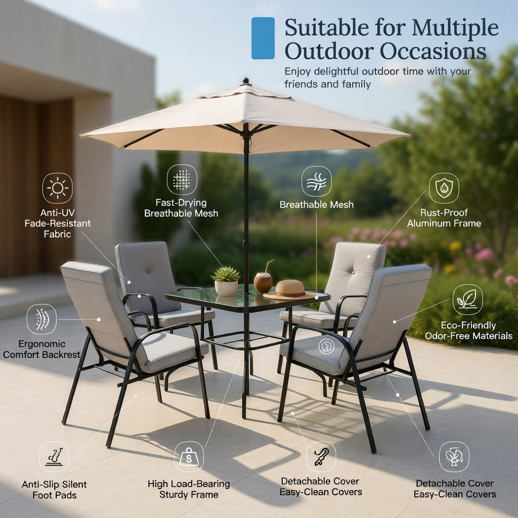 Hommoo 4-Pack Stackable Outdoor Dining Chairs with High-Back Cushions, Heavy-Duty Steel Frame, Rust-Resistant Powder-Coated Finish, Indoor/Outdoor Use, Gray