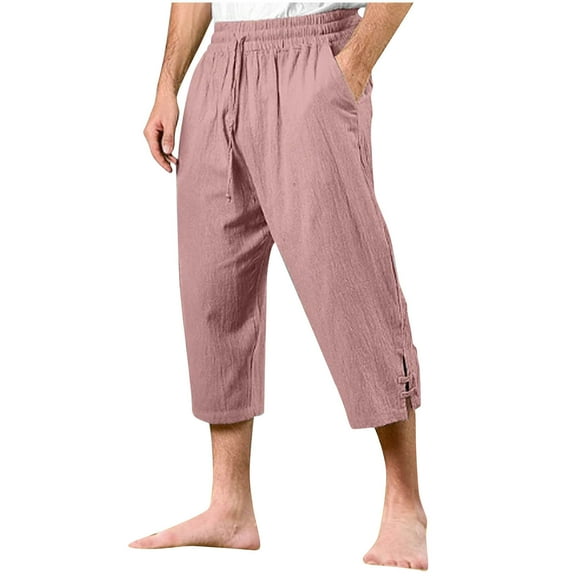 Plebaso Men's Cotton Linen Capri Pants Summer Baggy Beach Capris Drawstring Casual Pocket Pants for Men