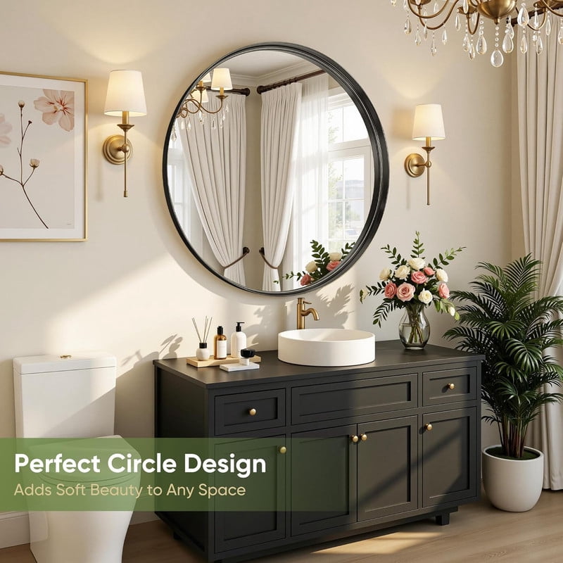 Gleamira 24" Round Bathroom Mirror Wall Mounted Mirror with Deep Frame, Black