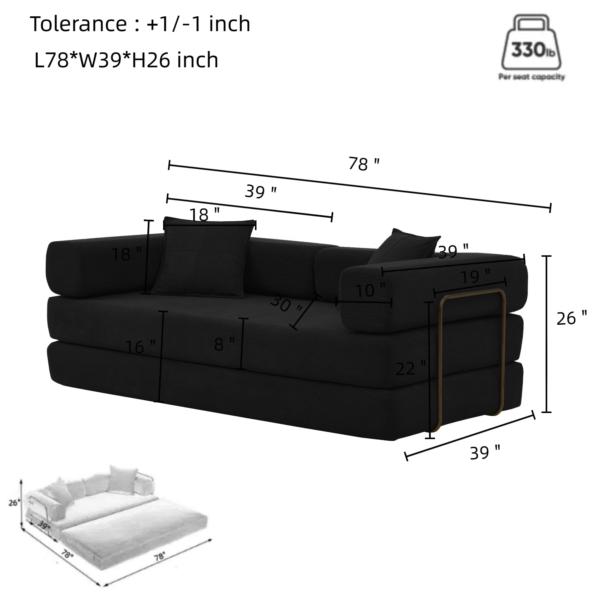Lunale Boneless Cloud Couch, Convertible Floor Sofa Bed, Queen Size Pull Out Sleeper Sofa, No Assembly Required, Black Corduroy