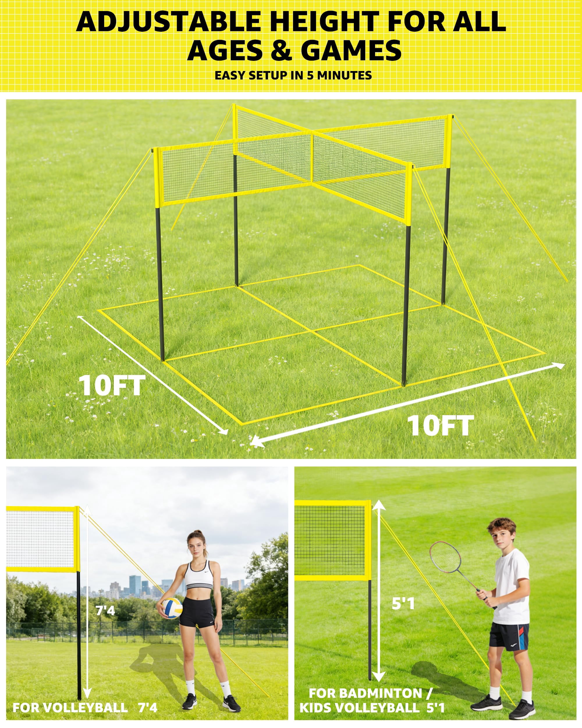 4 Square Volleyball Game Set - 4 Way Cross Net For Backyard & Beach  Portable Outdoor Badminton Combo 4 Person Four With Carrying Bag
