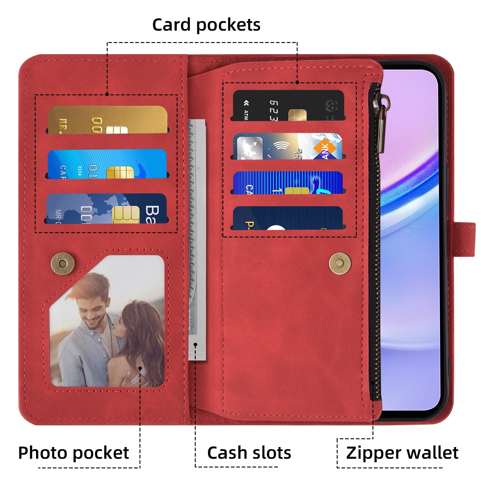 Asuwish Phone Case for Samsung Galaxy A15 5G/4G Wallet Cover With Tempered Glass Screen Protector Crossbody Wrist Strap Flip Pattern Zipper Credit Card Holder Stand Cell A 15 G5 15A Women Men Red