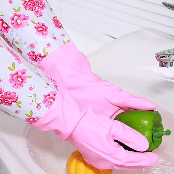 1 Pair of Sleeves 2 Pieces () Clearance! Rubber Latex Water-Proof Dishwashing Gloves Medium Long Cuff Flock Lining Household Cleaning Gloves