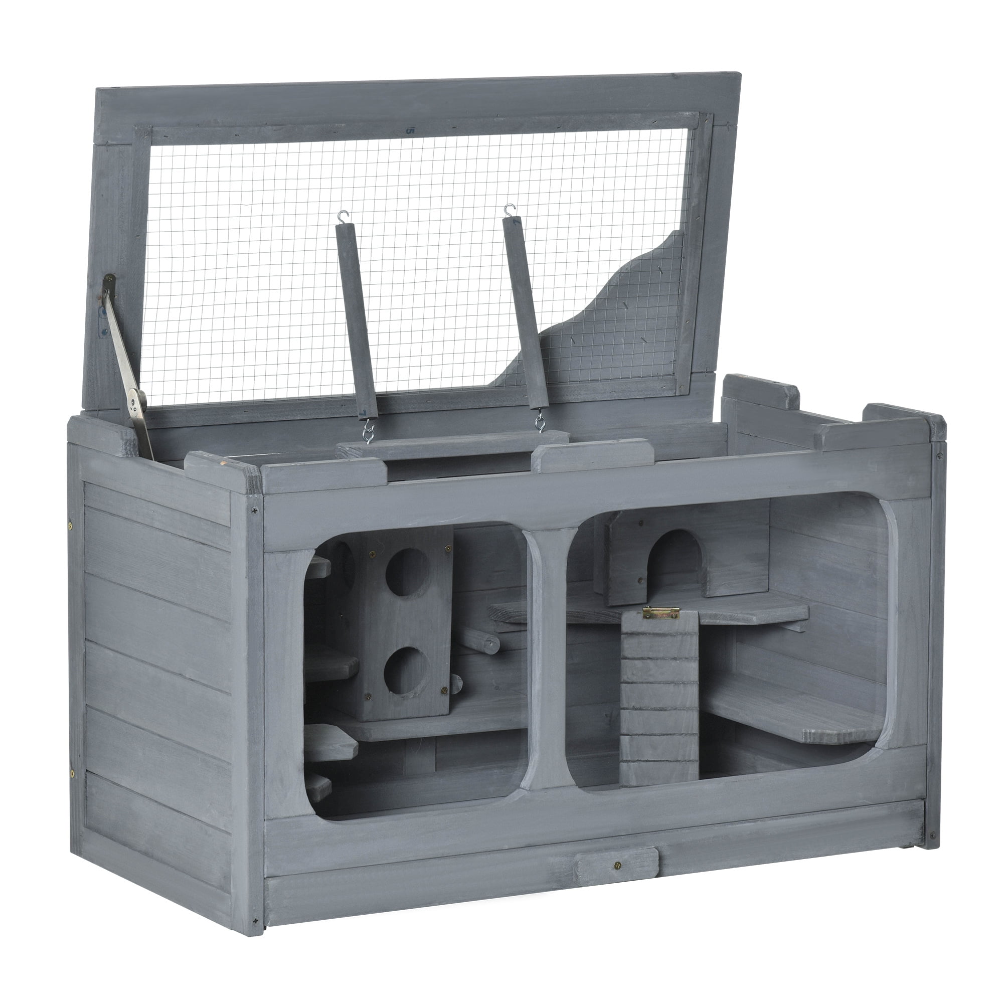 Image showcasing Pawhut Wooden Hamster Cage with Platforms Hideouts & Swings, 31