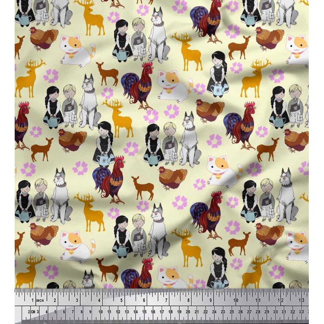 Soimoi Rayon Fabric Reindeer,Hen & Cock Bird Print Fabric by The Yard 42 Inch Wide
