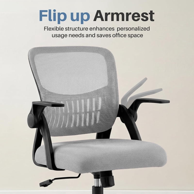 Simenmax Ergonomic Office Chair, Home Desk Computer Mesh Chair with Flip-Up Arms, Breathable Mid Back Chair for Small Spaces, Gray