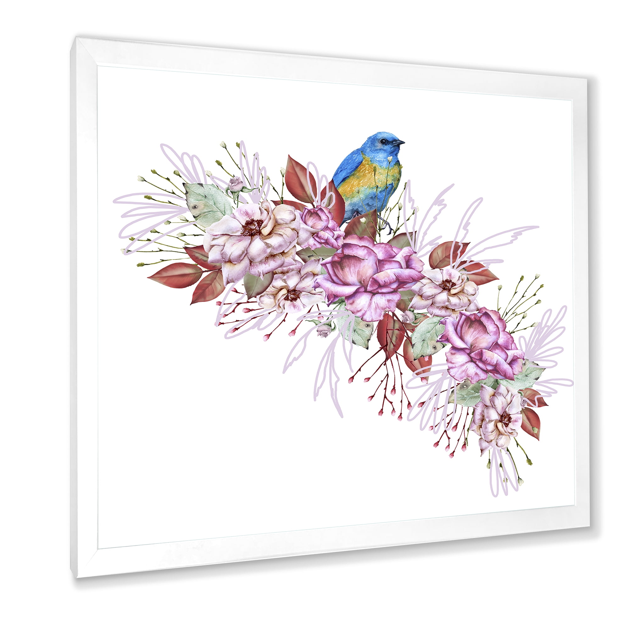 Designart 'Little Blue Bird Sitting On Colorful Boquet of Flowers' Traditional Framed Art Print