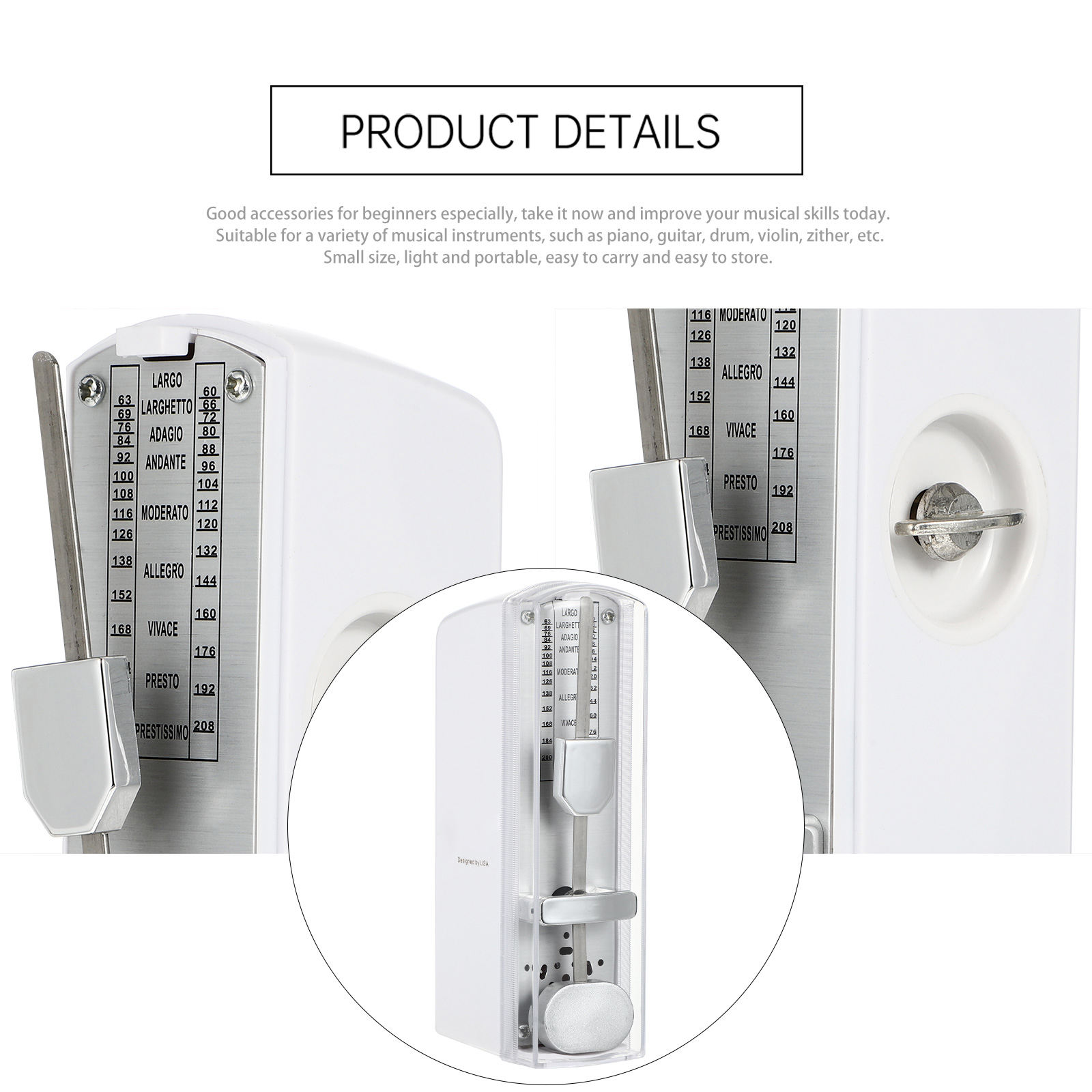 FONDOTIN Portable Metronome for Beginners, White ABS Metal Body, Precise Tempo Keeper for Music Practice and Instrument Training